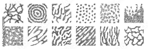 Hatching hand drawn texture shape collection. Crosshatch pencil line circle, canvas, grid and organic shape background. Doodle vector illustration.