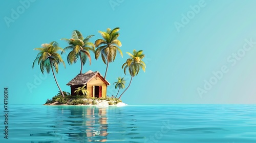 Small tropical island with palms and hut surrounded sea blue water. Scenery of tiny island in ocean. Concept of vacation, travel, nature, summer. Generative Ai photo