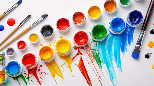 Vibrant Paint Colors Exploding from Jars with Brushes, a Perfect Image for Artistic Creativity and Color Theory Exploration