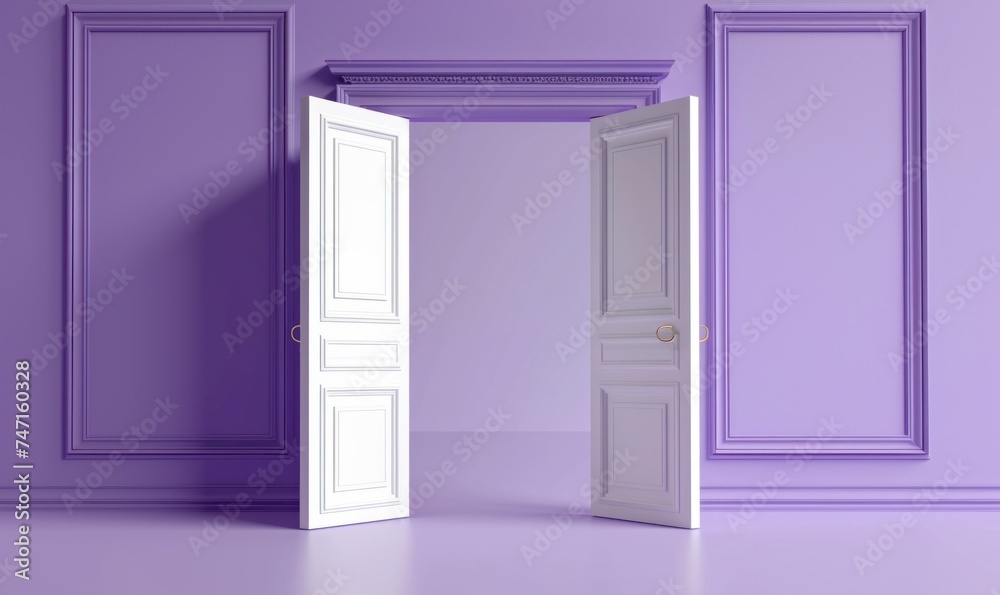 3d render, double door opened, white blank space inside. Architectural or interior element isolated on violet background, Generative AI 3d render, double door opened, white blank space inside. Architectural or interior element isolated on violet background, Generative AI