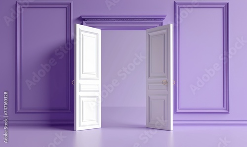 3d render, double door opened, white blank space inside. Architectural or interior element isolated on violet background, Generative AI