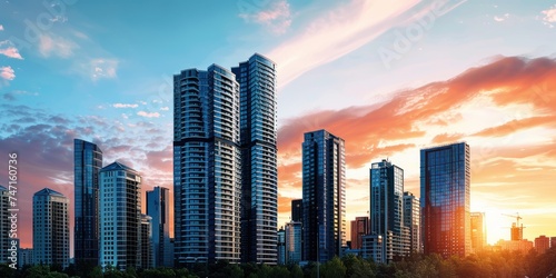 Modern building background, modern city skyline at sunset, real estate business concept 