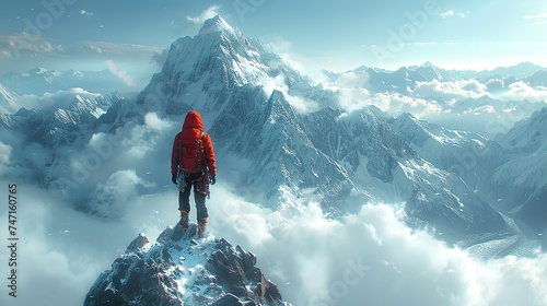 Alpine Adventure: Panoramic view of a climber climbing a steep alpine ridge photo