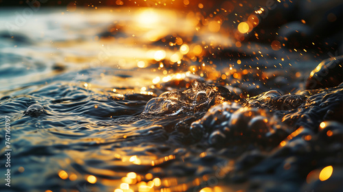 Abstract black golden background of water waves hitting the shore and breaking into tiny droplets.