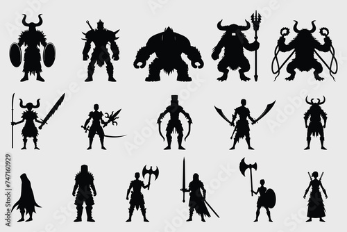 a set of silhouettes of warriors, demon and knights holding swords, spears and various different weapons.