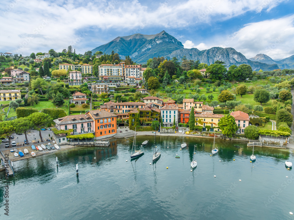 Landscape with Pescallo village, Bellagio town at Como lake region, Italy