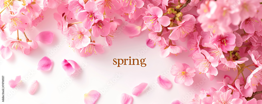 Lettering spring with plants, leaves and colorful flowers on pink background. Hello spring, 1 march concept. Template for greeting card, invitation, banner, poster