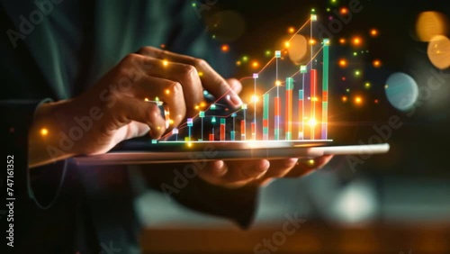 Businessman holding tablet showing stock market economy graph statistic growth of profit analyzing financial exchange. Trade chart finance data concept.
