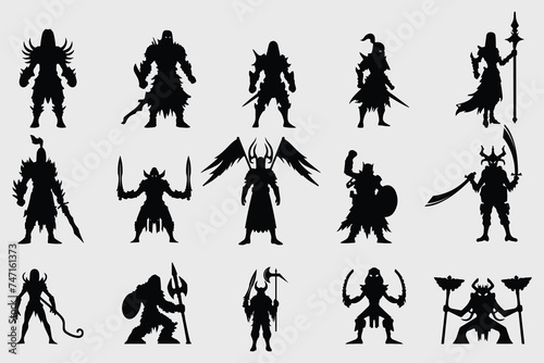 a set of silhouettes of warriors and knights holding swords, spears and various different weapons.