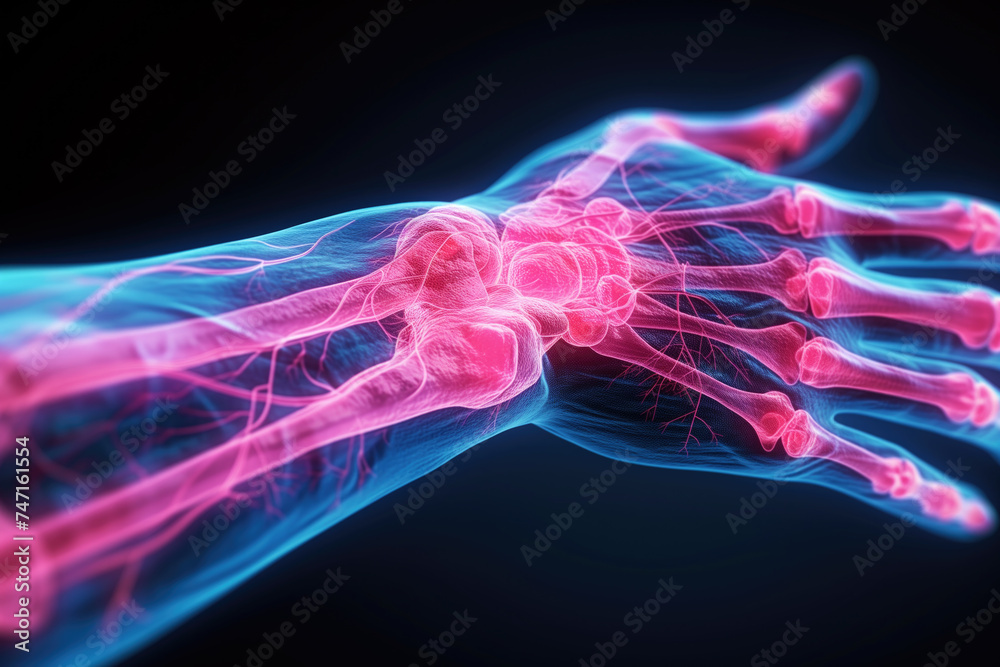 Carpal tunnel syndrome, bone fracture and inflammation, broken arm, diseases of the joint, pain in the hand on a black background, health problems concept - obrazy, fototapety, plakaty 