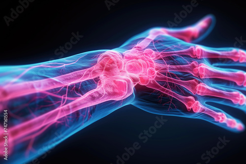 Carpal tunnel syndrome, bone fracture and inflammation, broken arm, diseases of the joint, pain in the hand on a black background, health problems concept photo