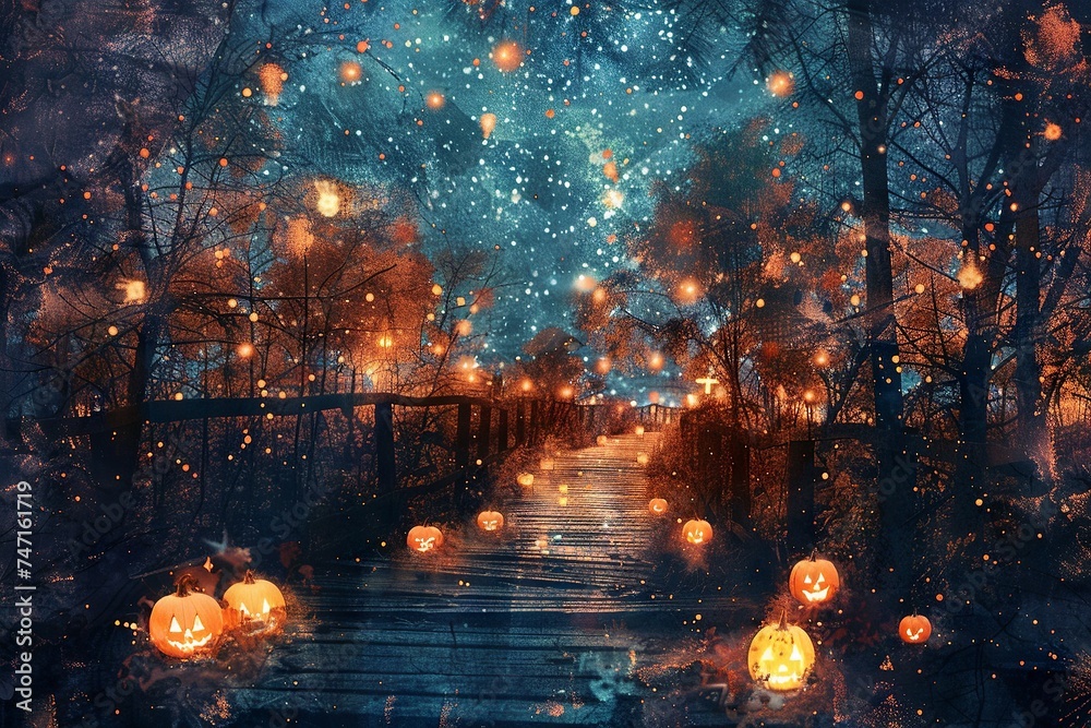 Halloween Pathway: Jack-o'-Lanterns Under Starry Sky Collage
Halloween Pathway: Jack-o'-Lanterns Under Starry Sky Collage
