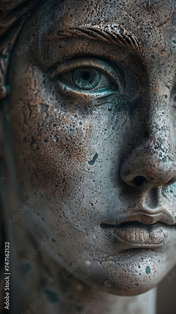 Close-Up of a Textured Bronze Statue with a Turquoise Patina Highlighting the Eye Close-Up of a Textured Bronze Statue with a Turquoise Patina Highlighting the Eye