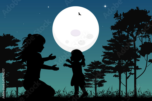 cute mother and daughter silhouette