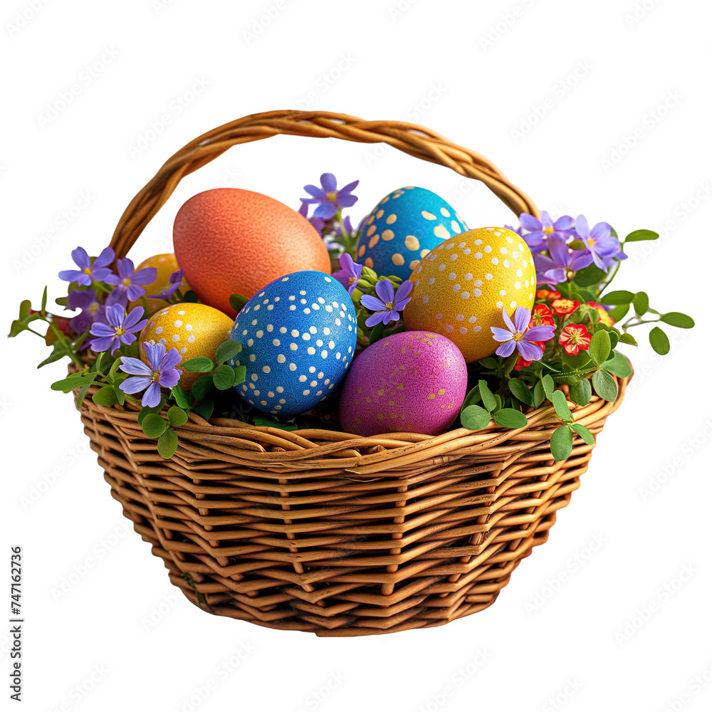Colorful easter eggs in basket. Happy Easter day