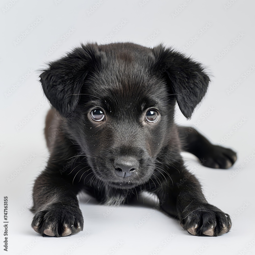 Black Puppy Laying Down on White Background