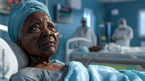 african old woman lying on the bed in the hospitals and the doctors in the background
