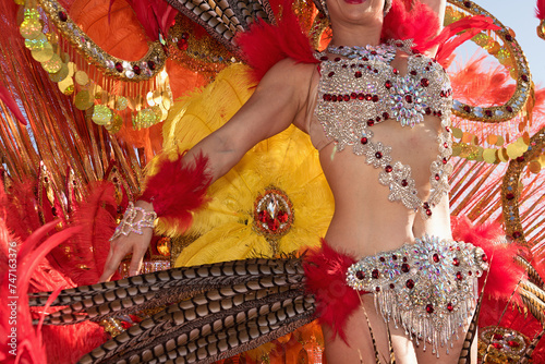 Beautiful bright colorful carnival costume. Samba dancer hips carnival costume bikini feathers rhinestones close up