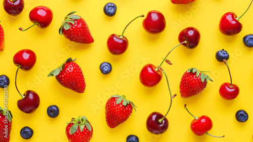 Cherries strawberries blue berries on yellow background