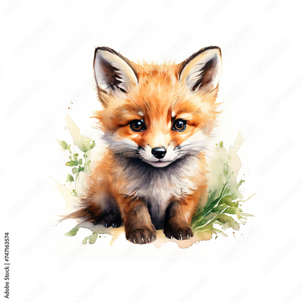 Fototapeta premium Cute little fox isolated on white background. Watercolor illustration