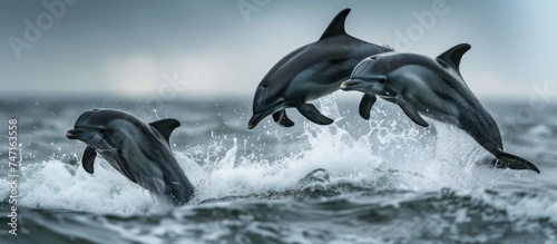 In this stunning action shot  three bottlenose dolphins are leaping out of the water. The graceful mammals showcase their agility and power as they breach the surface in unison.