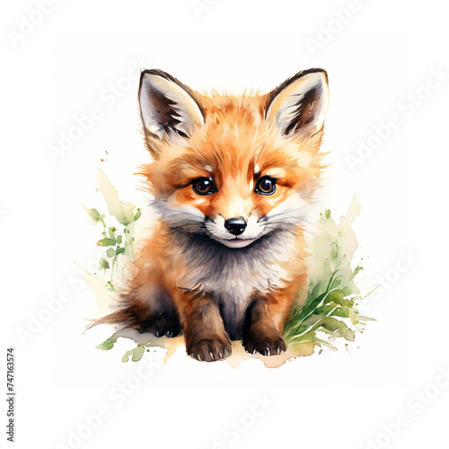 Cute little fox isolated on white background. Watercolor illustration photo