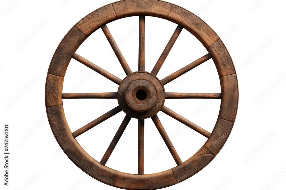 Wooden wagon wheel isolated on transparent and white background.PNG image.	