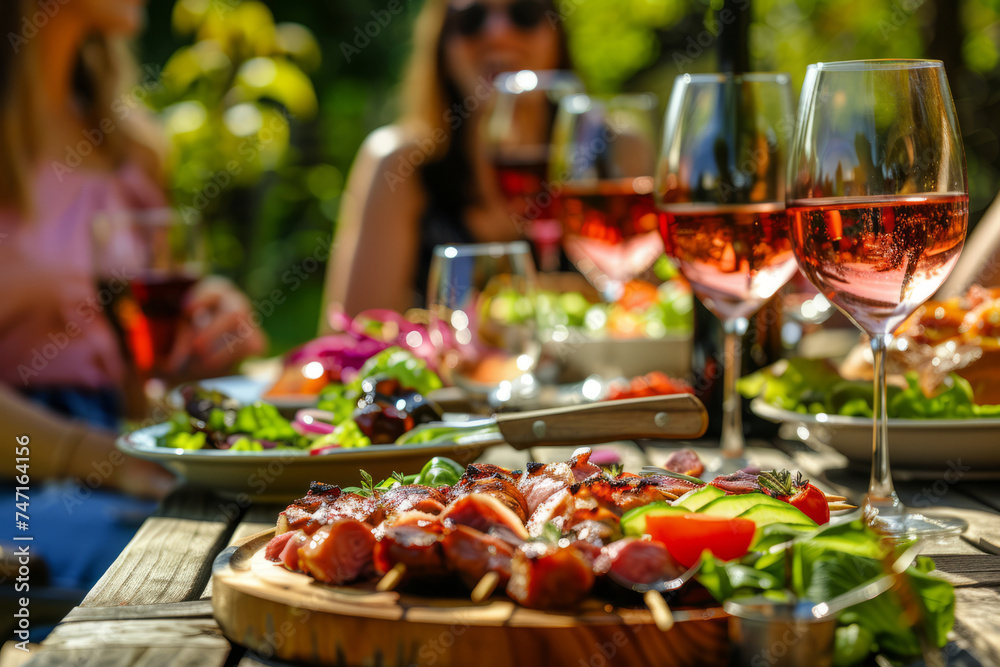 Grilled BBQ meat, salads and wine. Outdoor home party. Generative AI Grilled BBQ meat, salads and wine. Outdoor home party. Generative AI