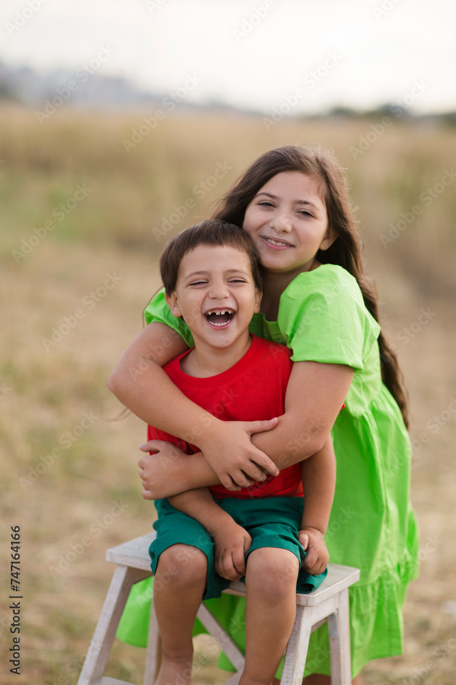 Fototapeta premium children brother and sister embrace summer day on the field. copy space. summer time in nature in the village