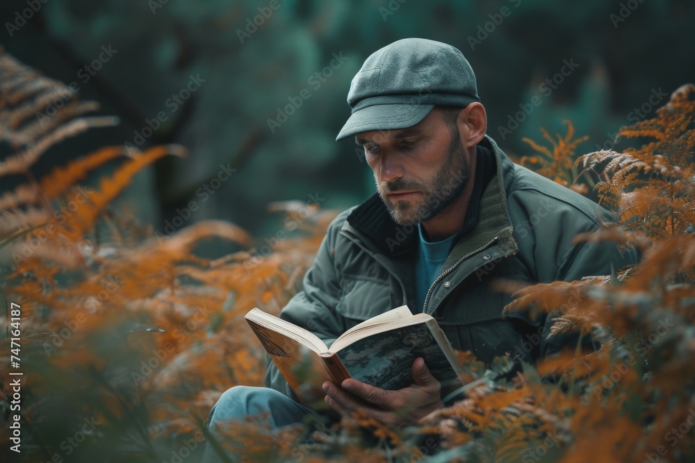 Man immersed in reading a book in the midst of a lush field of ferns on a serene day