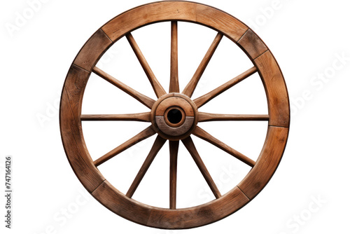 Wooden wagon wheel isolated on transparent and white background.PNG image.	