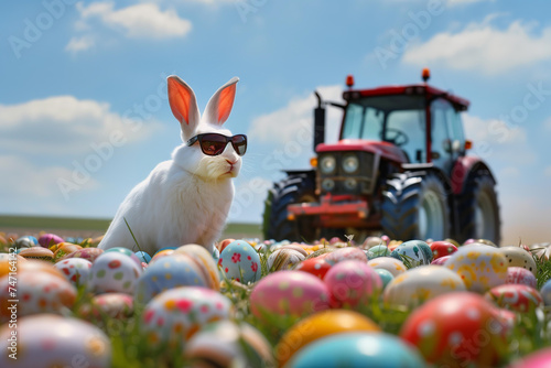white rabbit with sunglasses on a tractor in a field of easter eggs