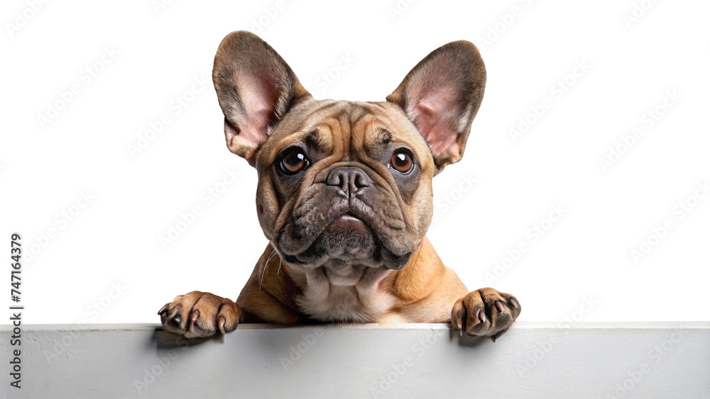French bulldog with paws on ledge with transparent background