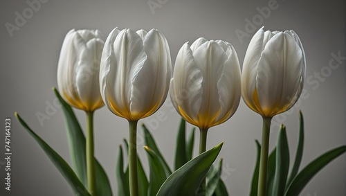 Elegant white tulips with vibrant yellow markings stand in soft light  creating a delicate and serene atmosphere