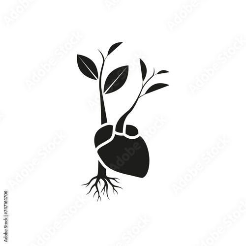 Leaves and roots sprout from the heart. Can be used for eco, vegan, herbal healthcare or nature care concept