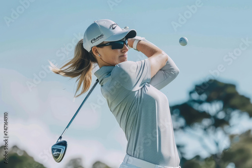 Professional gorgeous golfer lady with golf equipment. Generative AI