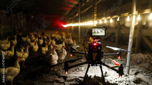 Drone equipped with night vision cameras flying over a poultry farm at night to deter predators and ensure the safety
