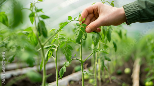 A hand carefully adjusting a row of miniature tomato plants in a greenhouse their thick stems and vibrant green leaves standing tall.