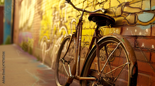 a vintage bicycle leaning casually against a vibrant brick wall adorned with colorful street art © boti1985