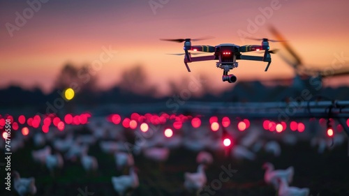 Drone equipped with night vision cameras flying over a poultry farm at night to deter predators and ensure the safety