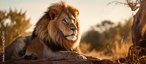 A powerful lion  identified as Panthera Leo  lies on a rugged rock in an open African field under the suns warm glow  showcasing its dominance and strength. The golden mane contrasts with the earthy