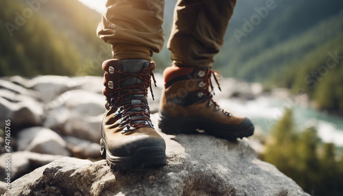 Closeup of hiker hiking boots outdoor travel banner
