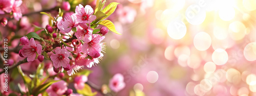 Spring banner with cherry tree flowers in bright morning sun