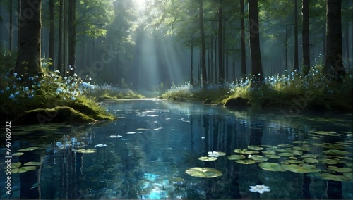 magical and very light atmosphere forest and country,very réalist, emerging from the water with a light, floral , HD, blu sky+white and blues flowers big