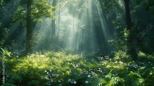 A dense and lush forest with towering trees, dappled sunlight