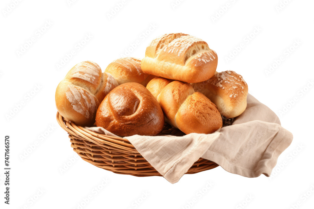 Bread and rolls in wicker basket isolated on transparent and white background.PNG image.	