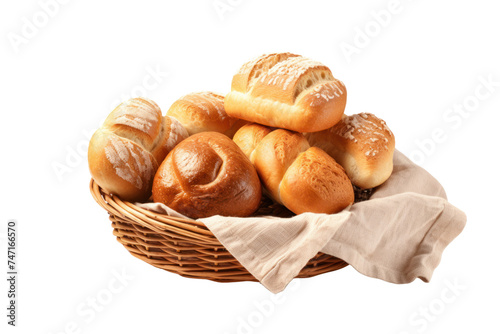 Bread and rolls in wicker basket isolated on transparent and white background.PNG image. 
