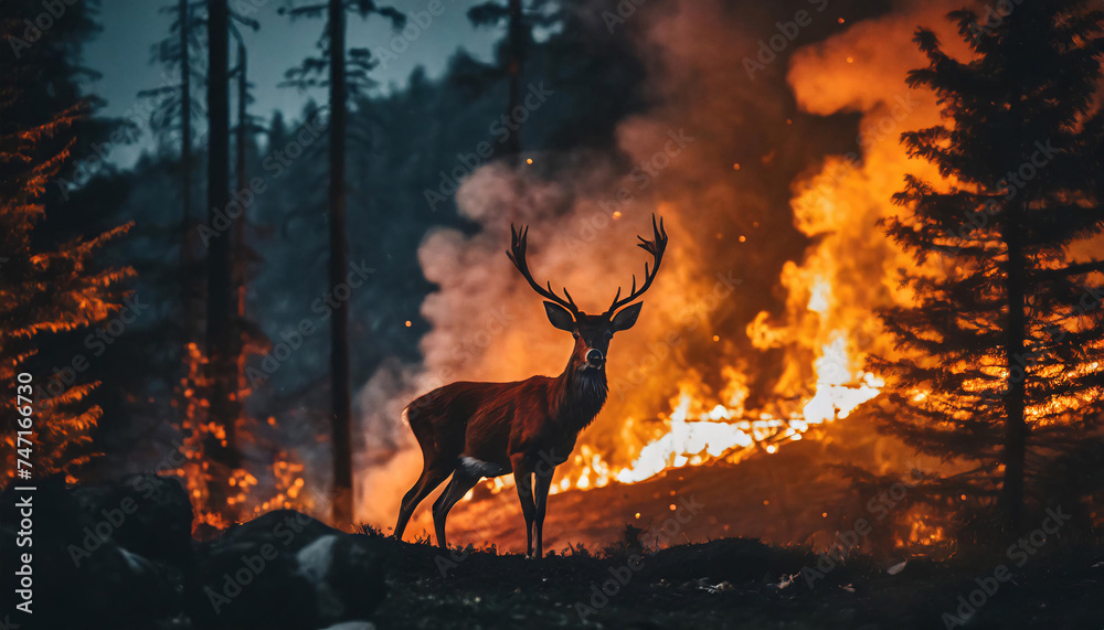 Scared deer and forest fire on the background Scared deer and forest fire on the background
