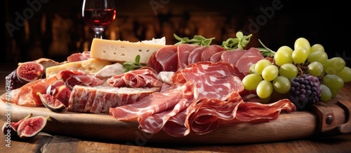 A platter featuring slices of savory prosciutto and salami, accompanied by an assortment of cheese and grapes, served on a rustic wooden table. A glass of red wine is placed elegantly next to the
