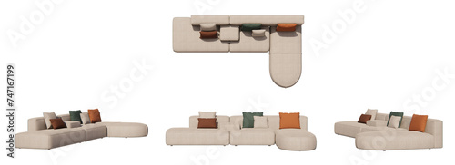 sofa l shape, living room, isometric sofa, sofa with pillows mockup, top view, font view, side view, isolated,perspective, rendering